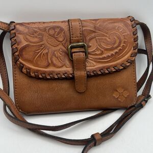 Patricia Nash Floral Tooled Brown Leather Crossbody Purse Torri Clutch 7.5"